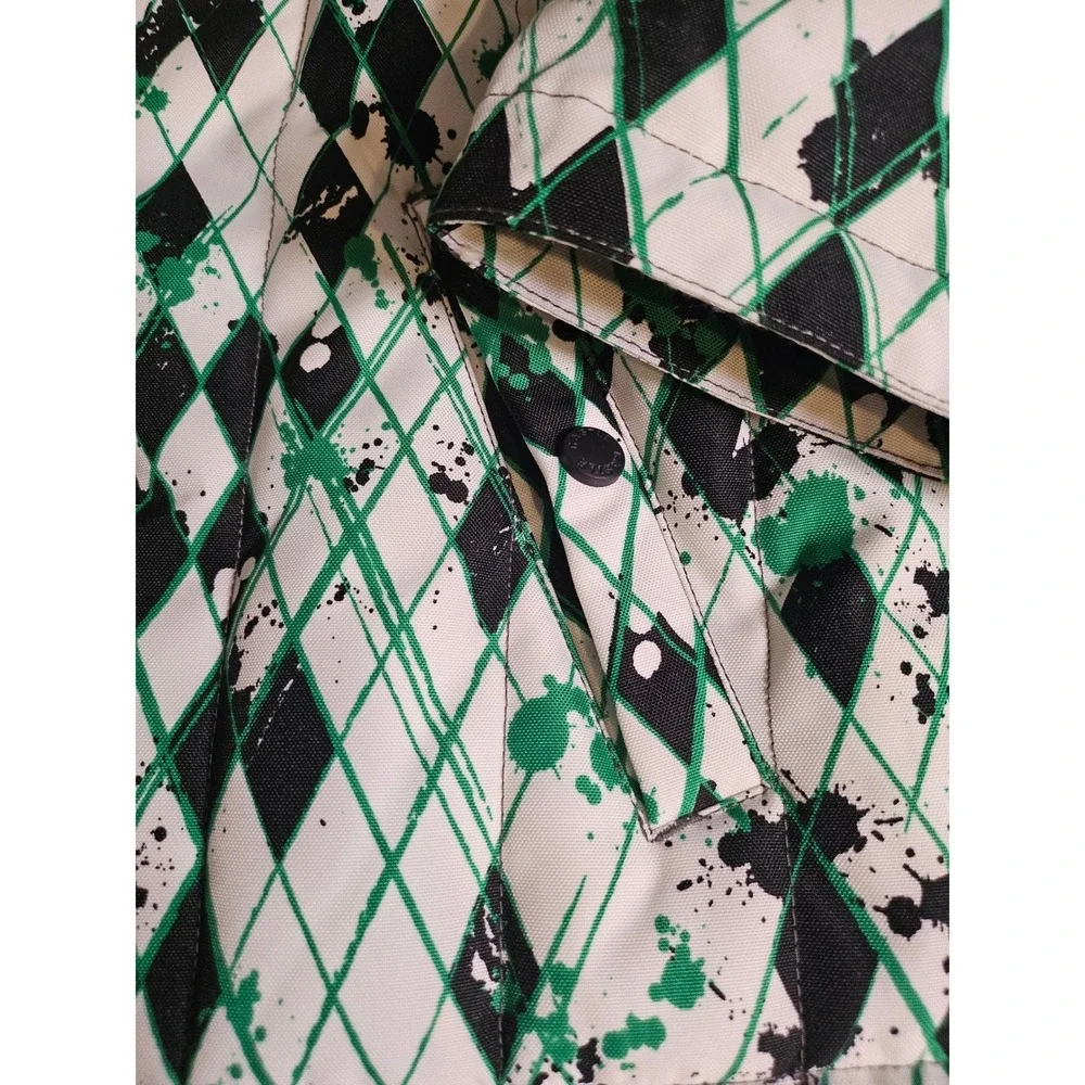 CastleX Snow Jacket Girl M Green White Black Argyle Splatter Hooded Puffer